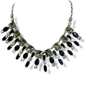 J.Crew Mixed Crystal Rhinestone Bib Statement Necklace Smokey Grey Black Gold